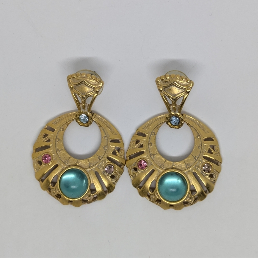 Vintage Gold Tone Statement Drop Earrings Bold Bohemian Gypsy Jewels Rhinestones